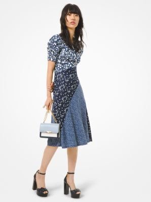 Mixed Floral Matte Jersey Ruched-Sleeve Dress
