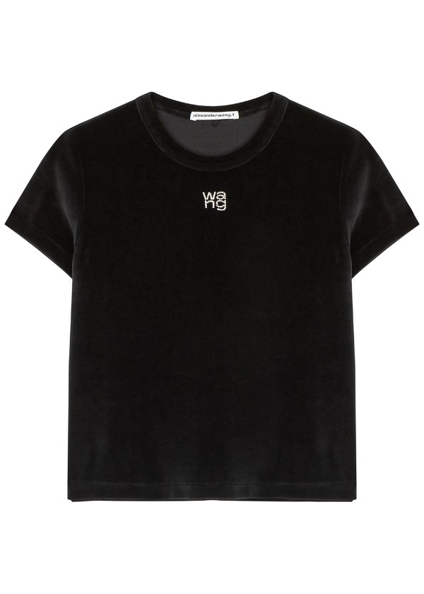 Black logo-embellished velour T-shirt