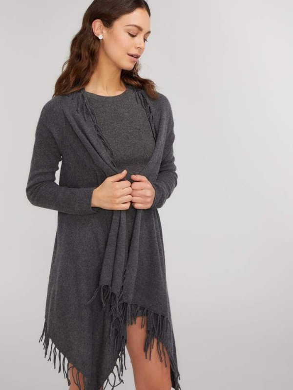 Fringed Open Front Long Cashmere Cardigan