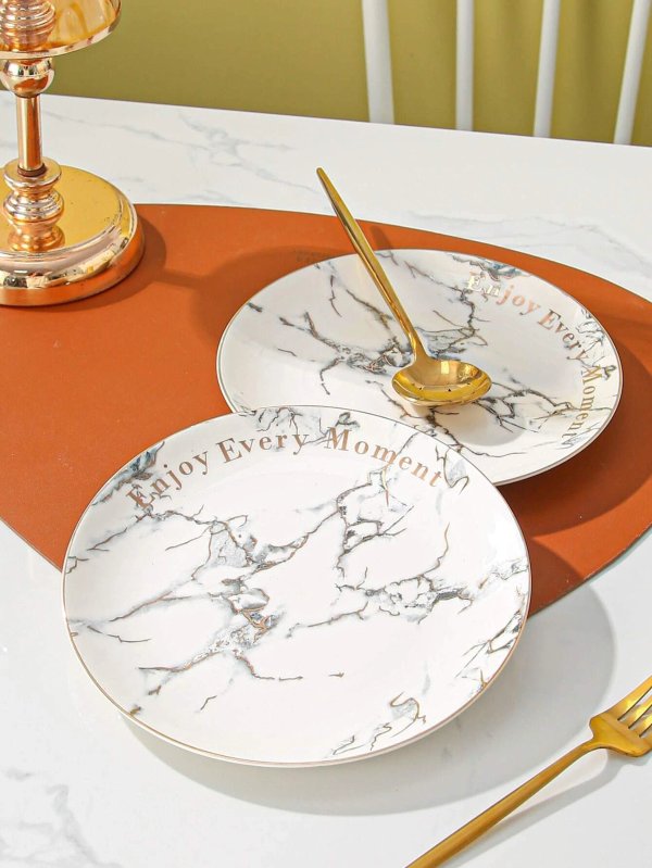 1pc Porcelain Plate, Modern Marble & Letter Graphic Food Plate For Kitchen Dining Table
