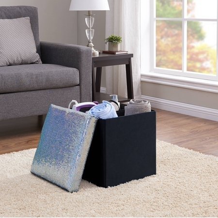 Mainstays Collapsible Storage Ottoman, Holo Glitter Sequins