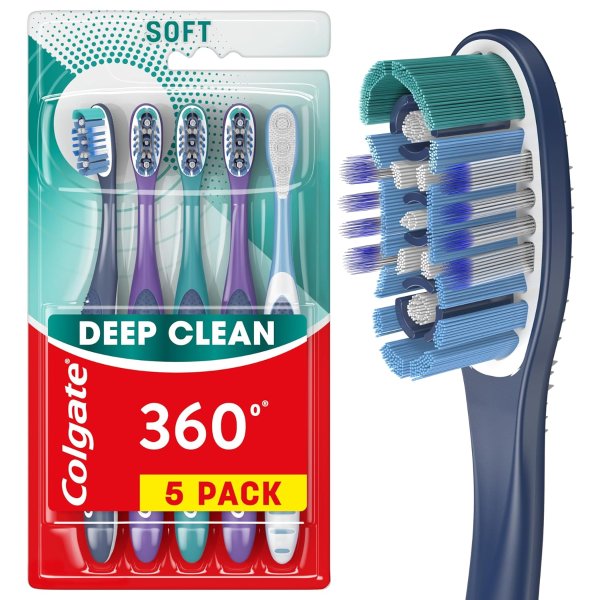 360 Whole Mouth Clean Toothbrush, Adult Soft Toothbrushes, 5 Pack