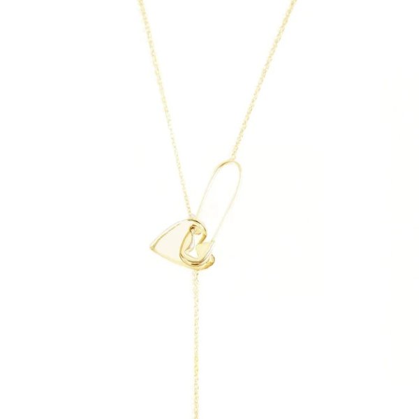 heart safety pin lariat necklace gold
