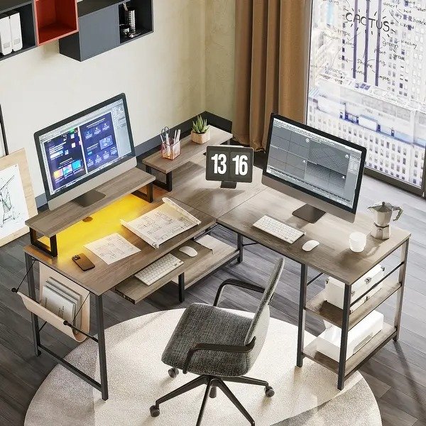 L Shaped Desk LED 95.2 Inch Computer Corner Desk with Keyboard Tray Monitor Stand