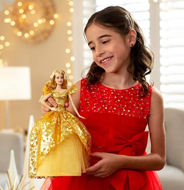 Signature 2020 HolidayDoll (12-inch Blonde Long Hair) in Golden Gown, with Doll Stand and Certificate of Authenticity, Gift for 6 Year Olds and Up