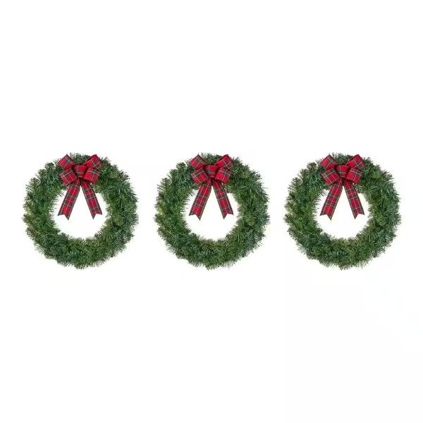 22 in. Green Artificial Noble Pine Wreaths with Plaid Bow (3-Pack)