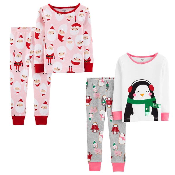 Kids' 4-piece PJ Holiday Set, Penguin and Santa