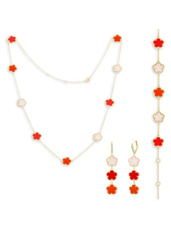 Flower 3-Piece 14K Goldplated, Crystal, Synthetic Coral & Agate Set