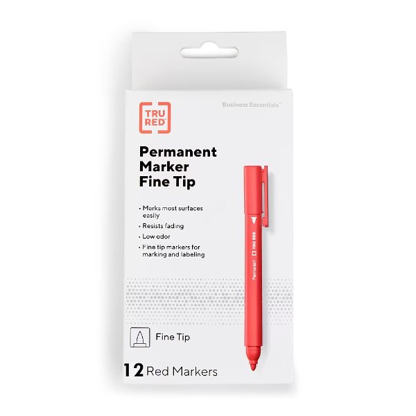 TRU RED™ Pen Permanent Markers, Fine Tip, Red, 12/Pack (TR54539)