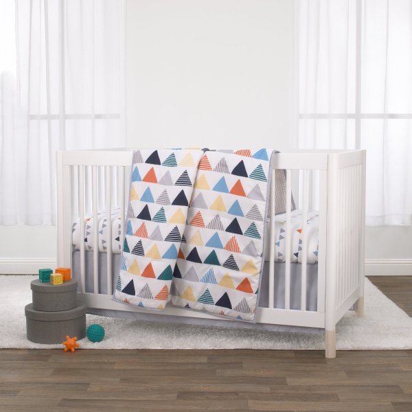 Uni Triangles 3 Piece Crib Bedding Set - Navy, Orange, Grey and Yellow Triangles - Comforter, Fitted Crib Sheet and Dust Ruffle