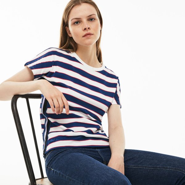 Women's Crew Neck Colorblock Striped Cotton Jersey T-shirt