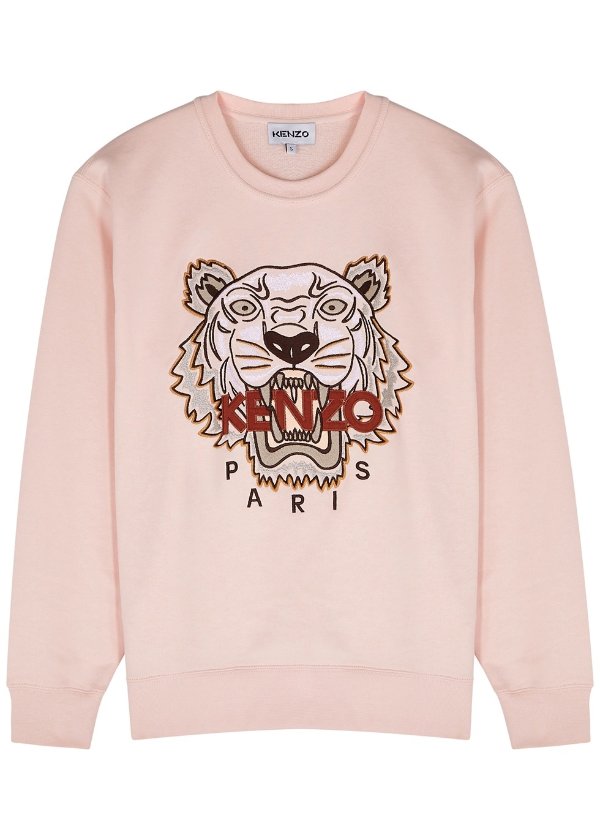 Light pink tiger-embroidered cotton sweatshirt