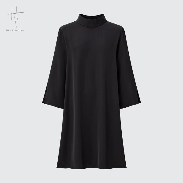 Satin High Neck 3/4 Sleeve Mini Dress (Hana Tajima)