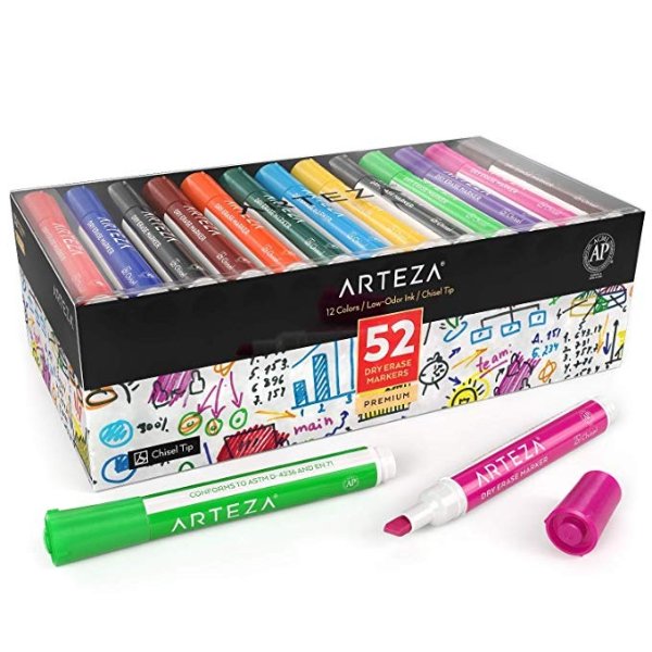 Dry Erase Markers, Bulk Pack of 52 (with Chisel Tip), 12 Assorted Colors with Low-Odor Ink, Whiteboard Pens is perfect for School, Office, or Home