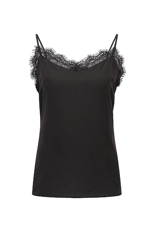 Camisole top in pure silk with eyelash-lace trim