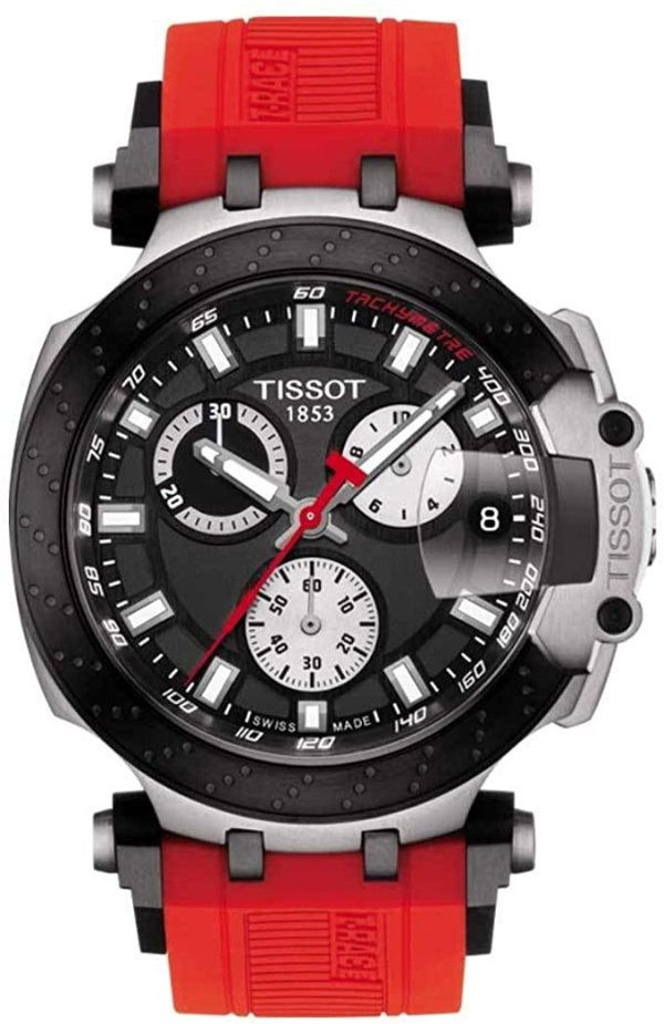 Men's T-Race Chrono Quartz 316L Stainless Steel case with Black PVD Coating Swiss Silicone Strap, Red, 22 Casual Watch (Model: T1154172705100)