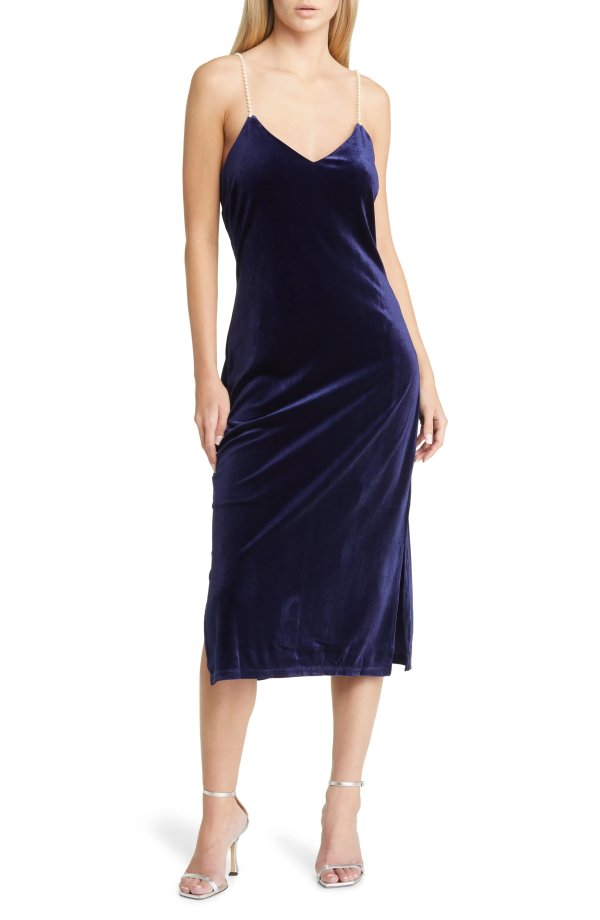 Beaded Strap Velvet Midi Dress