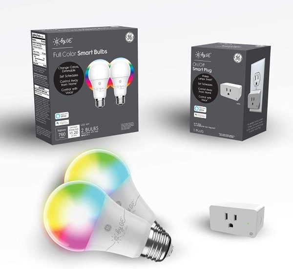 C by GE Smart LED Bulbs + Smart Plug Bundle (2 A19 RGB Light Bulbs + Smart Plug), Kids’ Color Light Bulbs for Bedroom Starter Kit, Google Home and Alexa, Light Bulbs