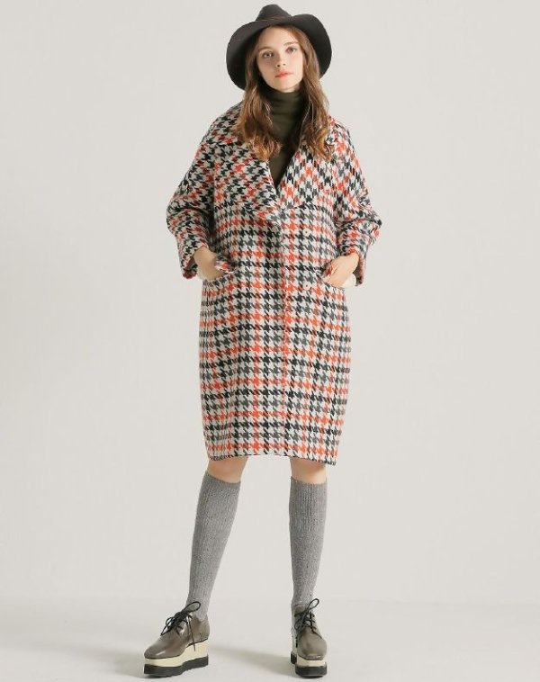 Houndstooth Lapel Snap Button Long Sleeve Women's Coat
