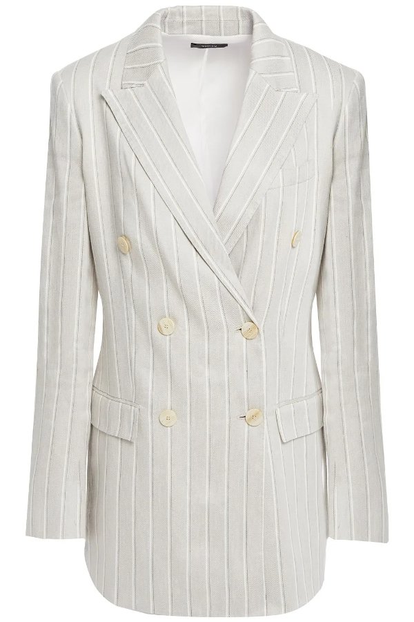 Double-breasted pinstriped linen-blend blazer