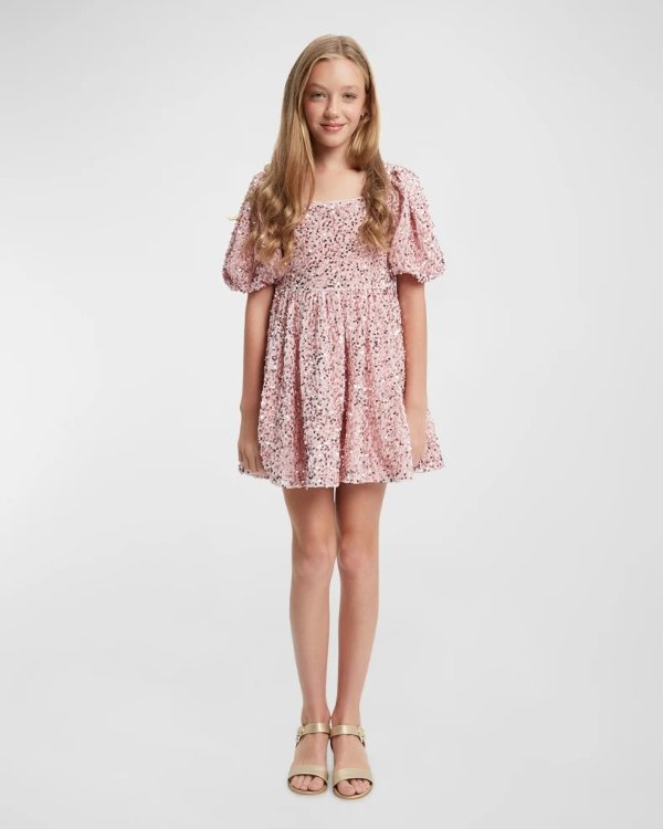Girl's Giulia Sequin Puff Sleeve Mini Dress, Size 4-14