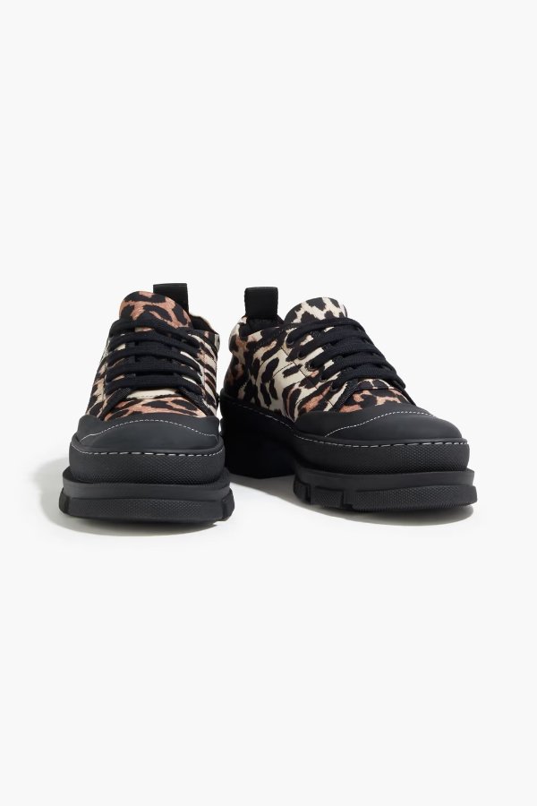 Hybrid leopard-print stretch-knit platform sneakers