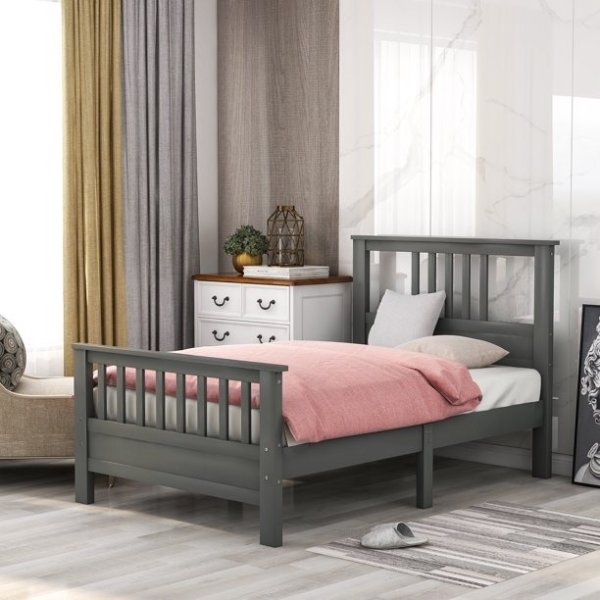 Euroco Wood Platform Bed with Headboard and Footboard, Twin for Kids (Gray)