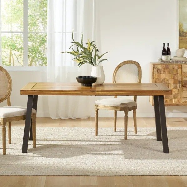 Deville Indoor Acacia Wood and Iron Dining Table by Christopher Knight Home - Natural Stained with Rustic Metal