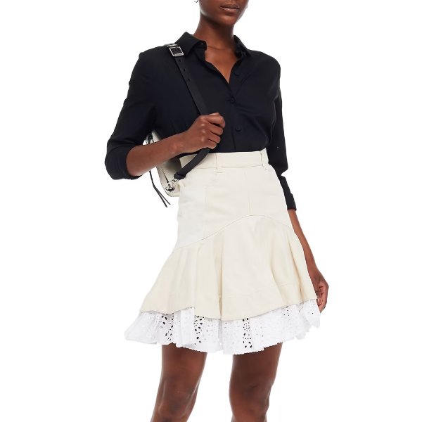 Fluted broderie anglaise-trimmed denim mini skirt