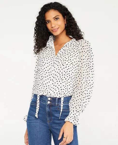 Dotted Ruffle Tie Neck Blouse | Ann Taylor