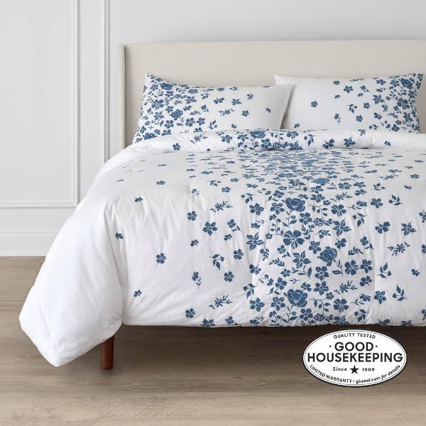 Salina 3-Piece White and Blue Embroidered Floral Cotton Full/Queen Comforter Set