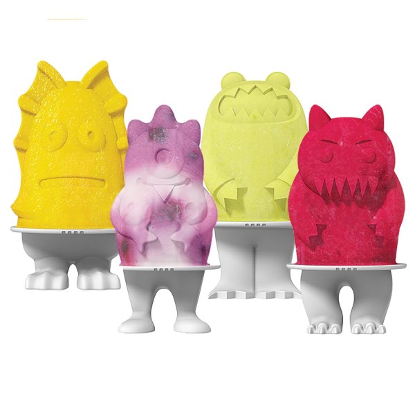 Monsters Pop Molds, Flexible Silicone Mold Sets with Base, 4 Monster Popsicle Characters, Dishwasher Safe - Set of 4 Popsicle Makers with Sticks and Base