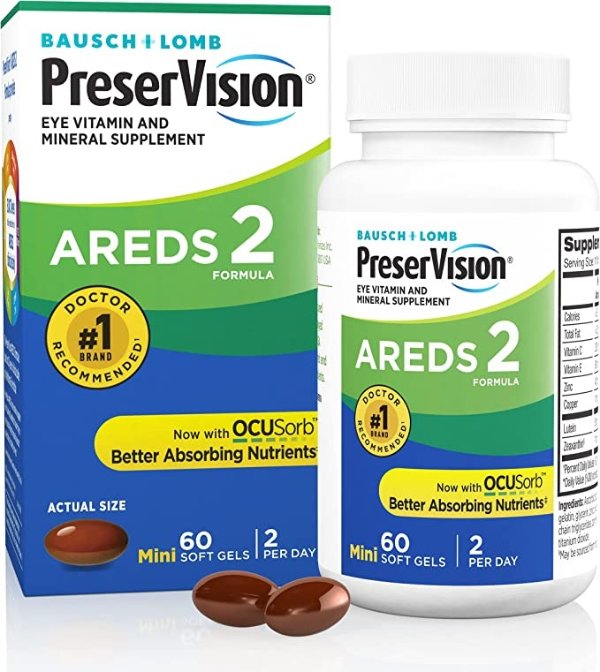 AREDS 2 Eye Vitamin & Mineral Supplement, Contains Lutein, Vitamin C, Zeaxanthin, Zinc & Vitamin E, 60 Softgels (Packaging May Vary)