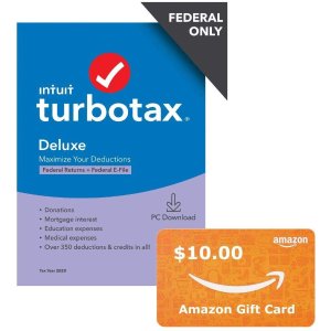 TurboTax Deluxe 2020 + $10 Amazon Gift Card bundle, Desktop Tax Software, Federal Returns Only + Federal E-file