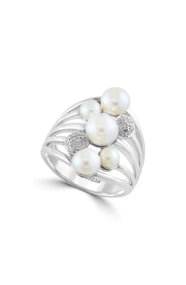 Sterling Silver 4–6.5mm Freshwater Pearl & Diamond Multiband Ring - 0.05ct.