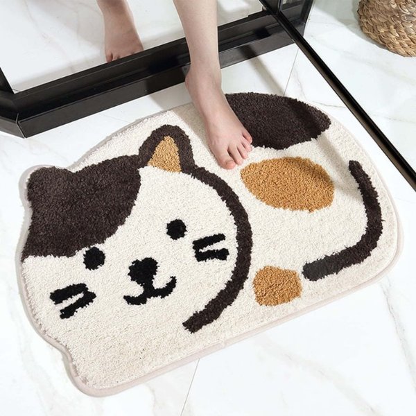 大江 植绒家用防滑底地垫浴室地毯 猫咪 米白 45*65cm | 亚米