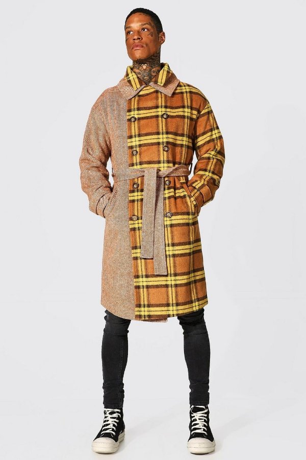 Spliced Check Double Breasted Overcoat | BoohooMAN