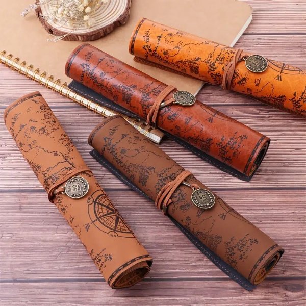1pc Retro Treasure Map Roll Pencil Case Pu Leather Big Capacity Pen Bag Makeup Brush Pouch Pencil Case School Stationery Supplies | Don't Miss These Great Deals | Temu