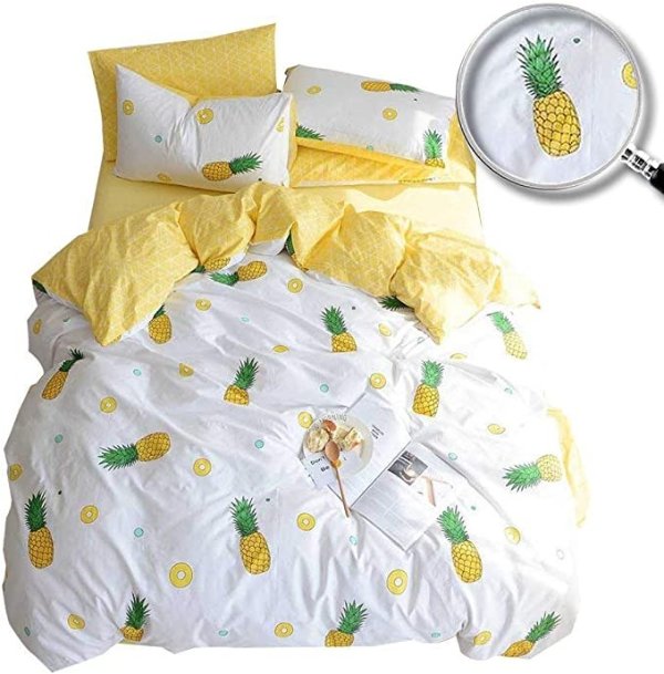 100% Cotton Soft Children/Adults Duvet Cover Set Yellow Fruits Printed Pattern Reversible Boys Girls Bedding Set Pineapple 3 Pieces with 2 Pillow Cases Best Bedding Gifts Twin Size