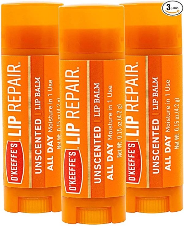 Unscented Lip Repair Lip Balm for Dry, Cracked Lips, Stick, (Pack of 3)