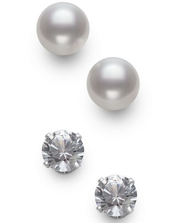 2-Pc. Set Cultured Freshwater Pearl (7mm) & Lab-Created White Sapphire (9mm) Stud Earrings in Sterling Silver
