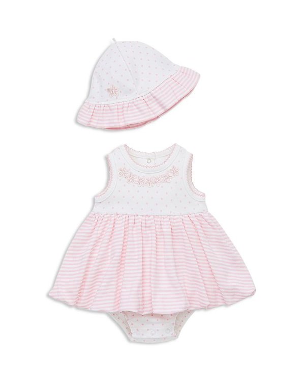 Girls' Pink Floral Applique Bodysuit-Dress & Sun Hat Set - Baby