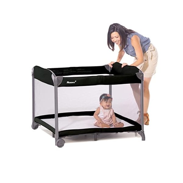 Room² Large Portable Playpen for Babies and Toddlers with Nearly 10 sq ft of Space, Large Mesh Windows for 360 View, and Waterproof Mattress Sheet - Folds Easily when Not in Use (Black)