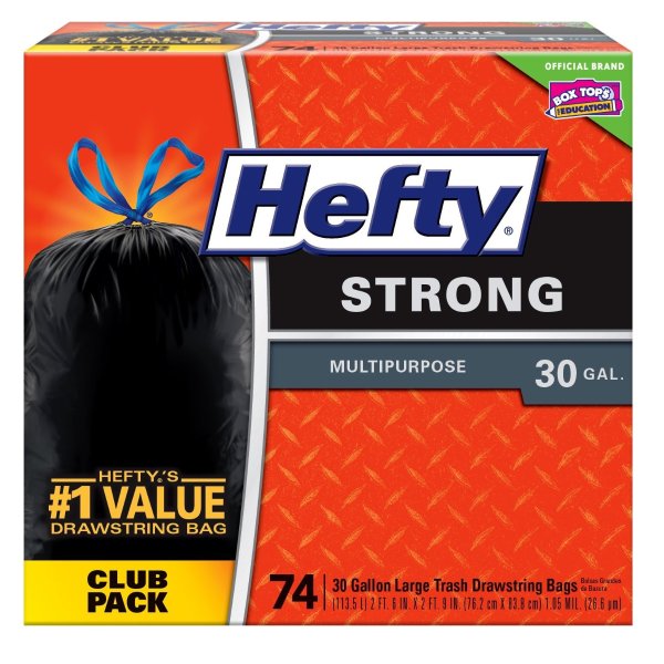 Hefty Strong Multipurpose Large Black Garbage Bags, 30 Gallon, 74 Count