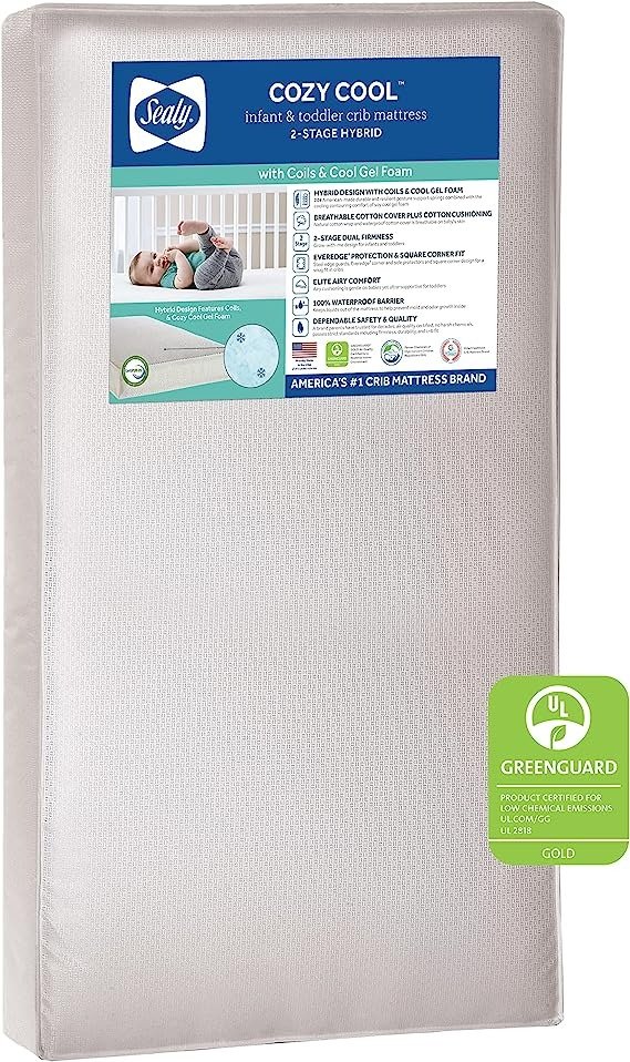 Sealy Cozy Cool 2-Stage Hybrid Waterproof Baby Crib Mattress and Toddler Mattress 204 Support Coils & Cool Gel Foam, Cool Cotton Cover, Greenguard Air Quality Certified - Made in USA, 52"x28"