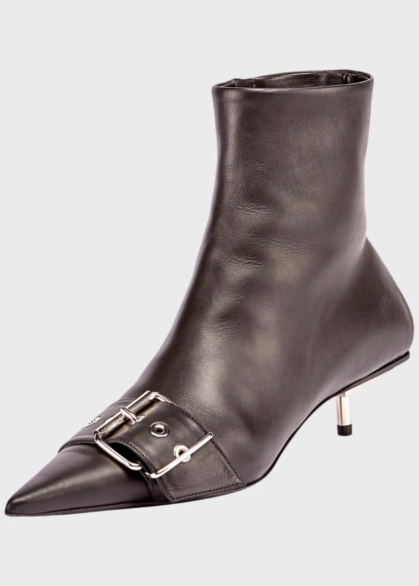 Belted Low-Heel Leather Booties