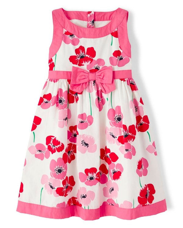 Girls Sleeveless Floral Print Poplin Dress - Playful Poppies