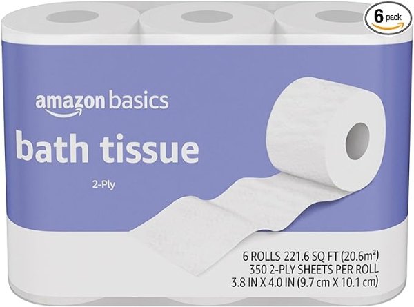 Amazon Basics 2-Ply Toilet Paper, 6 Rolls (1 Packs of 6), Equivalent to 25 regular rolls