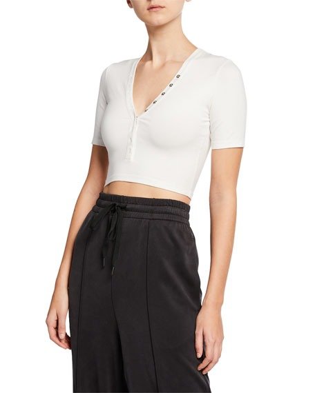V-Neck Snap-Front Short-Sleeve Cropped Jersey Top