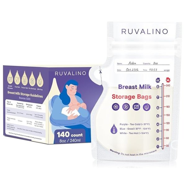 Breast Milk Storage Bags Freezer - RUVALINO® 8oz 140 Count Temp-Sensing Breast Milk Storing Bags for Breastfeeding with Pour Spout, Presterilized, No-Leak, Doubled-Sealed Bag for Fridge and Freezing